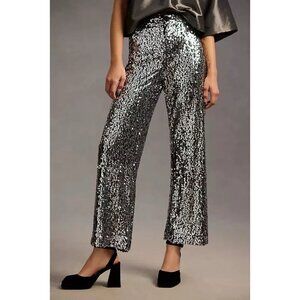 Anthropologie Colette Cropped Wide-Leg Sequin Pants Womens 27 High Rise Silver